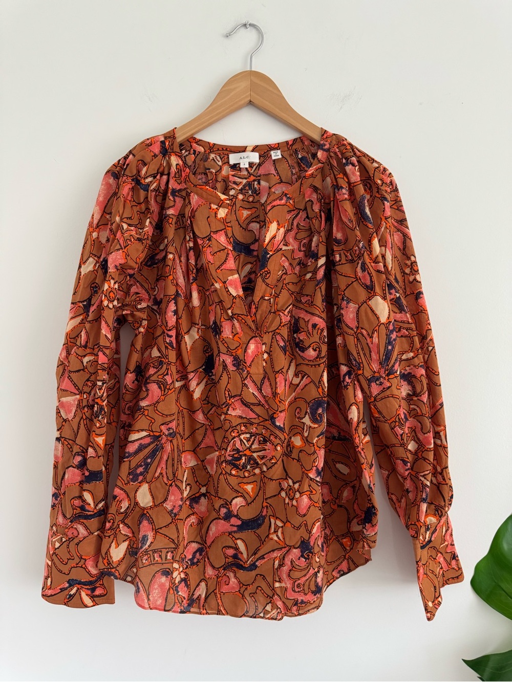 A.L.C. Burnt Orange & Pink Abstract Print Blouse